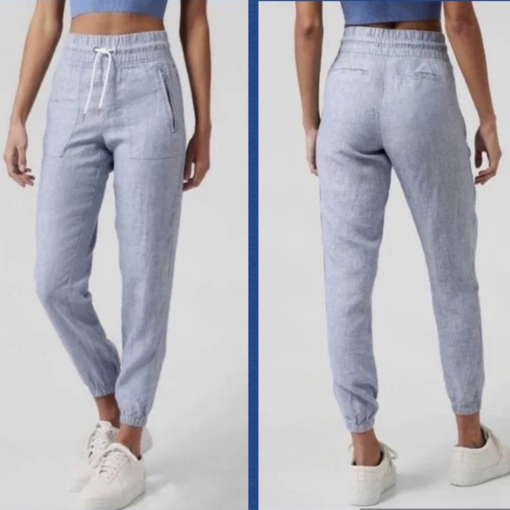 Athleta Cabo Linen Joggers 4 blue chambray